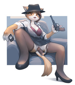 :3 anthro bra breasts brown_body cigar cigar_in_pussy clitoris clothed clothing cute_fangs fangs female footwear furniture genitals gun high_heels holding_gun holding_object holding_ranged_weapon holding_weapon legwear multicolored_body object_in_pussy on_sofa open_:3 open_clothing open_shirt open_topwear penetration ranged_weapon shirt shoes simple_background sitting sitting_on_sofa smoke sofa solo spread_legs spreading stockings teeth topwear underwear upskirt vaginal vaginal_penetration vulva weapon white_background white_body yellow_body yellow_eyes choecoga calico_cat domestic_cat felid feline felis mammal absurd_res hi_res