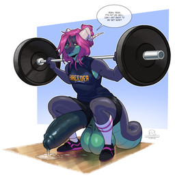 2_horns anthro balls big_balls big_penis biped bodily_fluids bottomwear clothing erection exercise footwear genital_fluids genitals hair horn huge_balls huge_penis hyper hyper_genitalia hyper_penis leaking_precum logo male muscular muscular_anthro muscular_male penis pink_hair precum shirt shoes shorts socks solo speech_bubble tail text text_on_clothing text_on_shirt text_on_topwear topwear weightlifting workout boosterpang ike_(ikeywike) lizard reptile scalie 2025 artist_logo better_version_at_source english_text hi_res