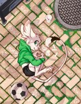 ambiguous_gender anthro ball biped bird's-eye_view bottomwear clothed clothed_anthro clothing container cup day digitigrade fur gesture graffiti green_eyes heart_gesture heart_symbol high-angle_view hoodie inner_ear_fluff looking_at_viewer looking_back lying moss on_ground on_side outside pawpads paws plant pose shorts side_view soccer_ball text topwear tuft white_body white_fur animancer luck_(animancer) dipodid jerboa mammal rodent 2025 cel_shading digital_drawing_(artwork) digital_media_(artwork) english_text full-length_portrait hi_res portrait shaded female_(lore)