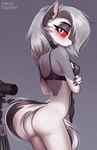 anthro bottomless bra butt clothed clothing eyebrows female hair half-closed_eyes looking_at_viewer multicolored_body narrowed_eyes red_sclera simple_background solo tail underwear nevobaster helluva_boss mythology loona_(helluva_boss) canid canid_demon canine demon hellhound mammal mythological_canine mythological_creature 2024 absurd_res artist_name digital_media_(artwork) hi_res