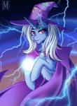 blue_body blue_fur cape clothing electricity eyelashes female feral fur hair hat headgear headwear hooves horn lightning orb purple_eyes sky smile solo white_hair margony friendship_is_magic hasbro my_little_pony mythology trixie_(mlp) equid equine mammal mythological_creature mythological_equine unicorn 2016 digital_media_(artwork) hi_res shaded