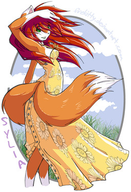 2_tails anthro belly button_dress clothed clothing dipstick_ears dipstick_tail dress ear_markings eye_through_hair female field floral_pattern floral_print flowing_hair front-tie_clothing fully_clothed fur green_eyes hair jewelry long_hair markings multi_tail multicolored_body multicolored_ears multicolored_fur multicolored_tail necklace orange_body orange_ears orange_fur orange_tail outside pattern_clothing pattern_dress print_clothing print_dress red_hair shading_eyes sky solo tail tail_markings text translucent translucent_hair two_tone_body two_tone_ears two_tone_fur two_tone_tail unbuttoned white_belly white_body white_ears white_fur white_tail wind yellow_clothing yellow_dress firekitty sylia canid canine fox mammal 2007 character_name digital_media_(artwork) portrait three-quarter_portrait url