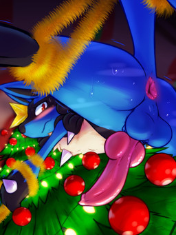 animal_genitalia animal_penis anthro anus blue_body blue_fur blush canine_genitalia canine_penis christmas_tree erection fur genitals holidays knot knotted_penis looking_at_viewer low-angle_view male nude penis plant red_eyes solo tail tail_anus tree cha0sapien christmas nintendo pokemon canid canine generation_4_pokemon lucario mammal pokemon_(species) 2024 3:4 hi_res