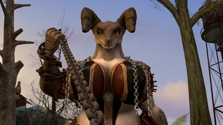 anthro big_breasts breasts brown_body chain clothing female forest half-closed_eyes horn narrowed_eyes nuka-cola outside plant scales slave smile solo teeth tree yellow_eyes joker0 fallout microsoft mommyclaw_(vulgarvictor) deathclaw scalie 16:9 3d_(artwork) digital_media_(artwork) hi_res source_filmmaker_(artwork) widescreen