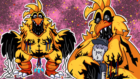 anthro big_breasts breasts duo female head_between_breasts horror_(theme) machine male male/female overweight security security_guard size_difference witheredfreaka five_nights_at_freddy's five_nights_at_freddy's_2 five_nights_at_frickbear's_(series) five_nights_at_frickbear's_3 scottgames withered_chica_(fnaf) withered_chica_(frickbear's) animatronic human mammal robot 16:9 colored digital_drawing_(artwork) digital_media_(artwork) hi_res widescreen