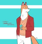 anthro brown_clothing clothed clothing electronics fully_clothed fur hand_in_pocket holding_object humanoid_pointy_ears male phone pockets pointy_eyes simple_background solo tall text topwear v-neck v-neck_sweater okome_sayaka odd_taxi fuyuki_yamamoto_(odd_taxi) canid canine fox mammal japanese_text