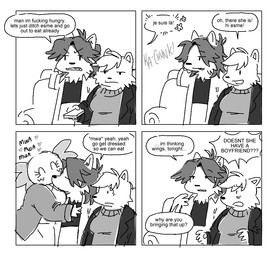 4_panel_comic anthro clothed clothing controller crop_top dialogue dress female female/female group hair heart_symbol jacket kissing offscreen_character onomatopoeia profanity remote_control shirt shocked sitting sound_effects speech_bubble sweater text topwear trio kint normalsville esme_(normalsville) lake_(normalsville) zoey_(normalsville) amphibian axolotl canid canine canis fox mammal marine mole_salamander salamander wolf comic english_text french_text monochrome