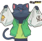 :> anthro bag black_body black_fur clothed clothing eyes_closed female front_view fur happy jacket simple_background smile solo topwear whiskers white_background mugicaan1 odd_taxi sakura_wadagaki_(odd_taxi) domestic_cat felid feline felis mammal 2021 official_art