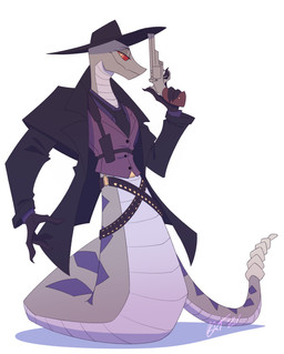 accessory anthro bandolier clothed clothing collared_shirt cowboy_hat dress_shirt duster_coat gloves gun handgun handwear hat headgear headwear holster male multicolored_eyes necktie ranged_weapon revolver shirt solo topwear weapon unipandapus hazbin_hotel hellaverse fan_character vorac demon pit_viper rattlesnake reptile scalie snake viper absurd_res hi_res