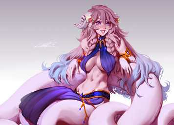 abs apode big_breasts breasts cleavage clothed clothing female freckles hair legless lips long_hair pink_hair purple_eyes serpentine solo split_form lerapi draconcopode humanoid lamia reptile scalie snake