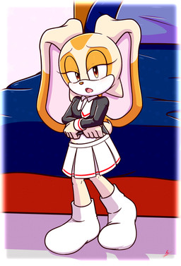 bedroom belly blush bottomwear breasts clothing female floppy_ears foot_on_bed footwear legwear loli orange_eyes panties school_uniform skirt small_breasts smile socks solo thigh_highs underwear uniform young xxkenthewolfxx sega sonic_the_hedgehog_(series) cream_the_rabbit lagomorph leporid mammal rabbit absurd_res hi_res