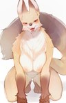 2019 all_fours anthro areola atode_kimeru biped black_nose blush breasts canid canine cheek_tuft chest_tuft facial_tuft female female_anthro fluffy fluffy_tail fox front_view fur gloves_(marking) hi_res kemono looking_at_viewer mammal markings nipples open_mouth orange_body orange_fur red_eyes simple_background solo tail tan_body tan_fur teeth tuft whiskers white_background