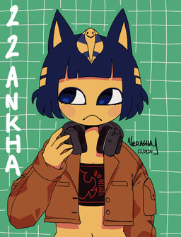 anthro black_clothing black_topwear blue_eyes blue_hair brown_clothing brown_jacket brown_topwear clothing cropped_jacket egyptian egyptian_clothing egyptian_headdress electronics female green_background hair headphones headphones_around_neck jacket looking_aside navel simple_background solo text topwear yellow_body verashaabrthy animal_crossing nintendo ankha_(animal_crossing) domestic_cat felid feline felis mammal 2024 absurd_res character_name dated hi_res