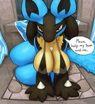 2021 4_fingers anthro big_breasts bikini black_body black_fur blue_body blue_fur breasts clothing dialogue english_text exposure_variation female fingers fluffy fluffy_tail fur generation_4_pokemon looking_at_viewer lucario multicolored_body multicolored_fur nintendo on_ground one-piece_swimsuit ozoneserpent pokemon pokemon_(species) red_eyes sling_bikini solo speech_bubble spikes spikes_(anatomy) swimwear tail talking_to_viewer tan_body tan_fur text thick_thighs