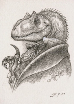 anthro aristocrat ascot claws clothed clothing earhole head_crest looking_at_viewer male scales sharp_teeth smile solo spikes spikes_(anatomy) teeth himmapaan allosaurid allosauroid allosaurus dinosaur prehistoric_species reptile saurischian scalie theropod 2013 bust_portrait dated graphite_(artwork) greyscale monochrome portrait signature traditional_media_(artwork)