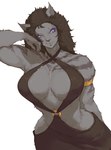 anthro big_breasts bracelet breasts clothing dress female fur gold_(metal) gold_bracelet gold_jewelry huge_breasts jewelry muscular muscular_anthro purple_eyes smile smirk solo tezy8 final_fantasy final_fantasy_xiv square_enix domestic_cat felid feline felis hrothgar mammal absurd_res hi_res