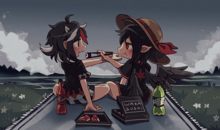 beverage black_clothing black_hair black_shirt black_topwear black_wings bottle chopsticks clothed clothed_female clothed_humanoid clothing container duo eating eye_contact feathered_wings feathers feeding female food grass hair highlights_(coloring) holding_chopsticks holding_object horn humanoid_pointy_ears lake looking_at_another open_mouth outside picnic plant pointy_ears red_eyes red_highlights shirt sitting sky soda sushi topwear water white_highlights wings zuomerika asian_mythology dr_pepper east_asian_mythology japanese_mythology mountain_dew mythology touhou aya_shameimaru seija_kijin amanojaku animal_humanoid avian avian_humanoid bird bird_humanoid corvid corvid_humanoid corvus_(genus) corvus_humanoid crow_humanoid horned_humanoid human humanoid mammal oscine passerine tengu yokai 2021 hi_res