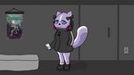 anthro bottomless bow_accessory bow_ribbon cheek_tuft clothed clothing countershading detailed_background electrical_outlet electronics facial_tuft female footwear fur headphones headphones_around_neck holding_object holding_phone mattress phone plantigrade purple_body purple_fur shadow shoes solo tail tuft wall_scroll unknown_artist aggretsuko sanrio terraria fenneko shikabane_(aggretsuko) mammal mephitid skunk digital_media_(artwork) shaded