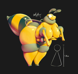 anthro bent_over big_breasts big_butt black_background breasts butt female measurements simple_background standing thick_thighs yellow_body sofmallow arthropod bee hymenopteran insect 2026 absurd_res digital_drawing_(artwork) digital_media_(artwork) hi_res signature