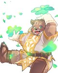 anthro blush brown_body brown_fur clothing clover_(plant) clover_leaf footwear four_leaf_clover fur gloves green_eyes handwear leaf male plant robe sandals shoes sitting slightly_chubby smile solo white_clothing marumaru1719800 crave_saga gabu_(crave_saga) bear mammal 4:5