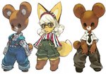 ambiguous_gender anthro belt bottomwear brown_body clothing eyewear footwear glasses group hair looking_at_viewer necktie open_mouth overalls shirt shoes shorts simple_background standing topwear white_background white_hair yellow_body koki bear canid canine fox mammal 2017 hi_res