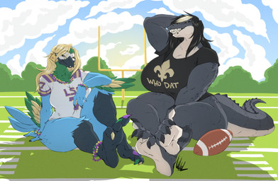 3_toes 4_toes alternative_fashion anklet anthro black_body black_hair black_scales black_sclera blonde_hair blonde_highlights blue_body blue_feathers bottomless bottomless_anthro bottomless_female clothed clothing duo facial_markings facial_piercing feathers feet female foot_focus goth green_body green_feathers grey_body grey_scales grin hair half-closed_eyes head_markings highlights_(coloring) humanoid_feet jersey jewelry lip_piercing markings mask_(marking) narrowed_eyes piercing plantigrade scales scuted_tail sharp_teeth shirt smile smirk smug smug_face smug_grin snakebite_piercing stud_piercing t-shirt tan_body tan_scales teeth thick_thighs toes topwear wide_hips winged_arms wings yellow_body yellow_feathers dullvivid ellie_(dullvivid) alligator alligatorid avian bird crocodilian parrot reptile scalie hi_res