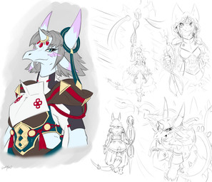 anthro armor biped blue_eyes breastplate eyelashes female hair horn smile solo tail zerofox1000 bushiroad future_card_buddyfight mythology sand_staff_arkaid dragon mythological_creature mythological_scalie reptile scalie wingless_dragon 2015 colored hi_res signature