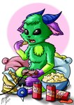 anthro beverage beverage_can black_eyes chest_tuft chips_(food) eating food fur gaming green_body green_fur male multicolored_body playing_video_game popcorn purple_body purple_fur simple_background snacks soda solo spikeball tuft armillifer solodude_(character) bovid canid canine canis caprine hybrid mammal dated hi_res signature