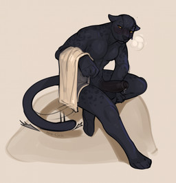 anthro balls blush bodily_fluids genital_fluids genitals male melanistic penis precum rock solo tail tail_motion tailwag towel inno-sjoa felid leopard mammal pantherine 2022 hi_res