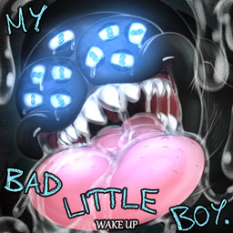 anthro black_body black_fur black_nose blue_eyes bodily_fluids drooling fur grin half-closed_eyes male multi_eye narrowed_eyes saliva smile solo text tongue tongue_out dasherslash ben_(dasherslash) hare lagomorph leporid mammal rabbit 1:1 2026 absurd_res comic digital_media_(artwork) english_text hi_res