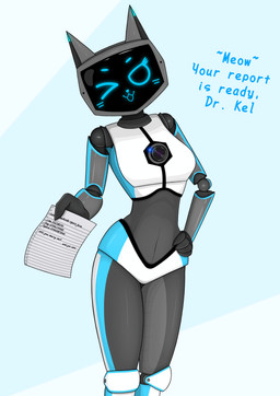 anthro blue_body blue_eyes breasts camera clothed clothing female grey_body looking_at_viewer machine not_furry note screen screen_face silicone simple_background smile solo text judy_anon voices_of_the_void kerfur_omega_(votv) domestic_cat felid feline felis mammal robot robot_anthro 2026 absurd_res digital_drawing_(artwork) digital_media_(artwork) english_text hi_res