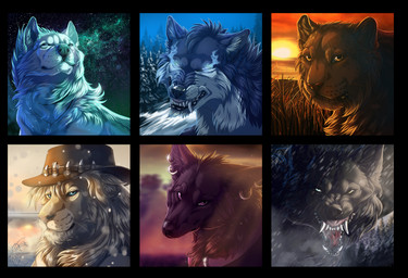 black_nose day detailed_background ear_piercing ear_ring feral group open_mouth outside piercing ring_piercing sky sun teeth tongue wolfroad canid canine canis felid lion mammal pantherine wolf 2017 digital_media_(artwork) headshot_portrait hi_res portrait