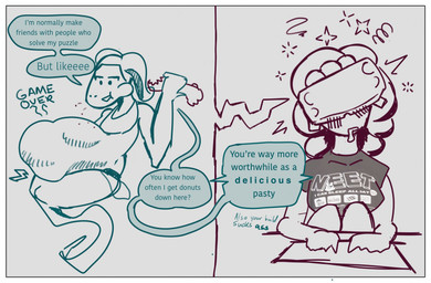 anthro belly big_belly border chewing dialogue digestion duo female female/female flirting game_over gameplay_mechanics severed_body_part severed_hand stunned text virtual_reality vore white_border globaldonut34 chicken_parm_(globaldonut34) ghost human lagomorph leporid mammal rabbit spirit comic english_text hi_res sketch