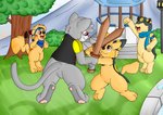 anthro clothing female fight group male practice_sword wooden_sword midnight_meowth nintendo pokemon sparkychu domestic_cat felid feline felis generation_1_pokemon generation_2_pokemon mammal pichu pikachu pokemon_(species) quilava absurd_res hi_res