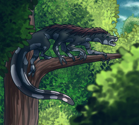 4_eyes ambiguous_gender black_body claws feral fur green_eyes multi_eye multi_limb open_mouth outside plant quadruped red_body red_fur solo spots tail teeth tree white_spots darth_biomech alien raharr 2022 colored hi_res