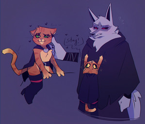 anthro belt big_eyes blush boots cape caressing_face clinging clothing countershading dialogue duo emanata eyeliner footwear fur grabbing_partner green_eyes grey_body grey_fur half-closed_eyes heart_symbol light_body looking_down looking_down_at_another makeup male male/male narrowed_eyes orange_body orange_fur poncho purring red_eyes romantic romantic_couple shoes simple_background straddling stripes text wide_eyed yorn20779321 dreamworks puss_in_boots_(franchise) death_(puss_in_boots) puss_in_boots_(dreamworks) canid canine canis domestic_cat felid feline felis mammal wolf english_text hi_res male_(lore)