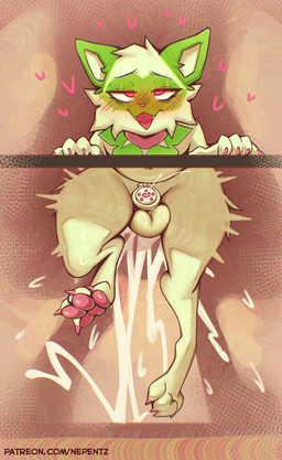 anthro balls biped bodily_fluids chastity_cage chastity_device cum cum_in_ass cum_inside cute_fangs duo fangs fingers flat_chastity_cage fur genital_fluids genitals green_body green_fur heart_symbol male male/male male_penetrated male_penetrating male_penetrating_male multicolored_body pawpads penetration pink_body red_eyes sex solo_focus teeth tongue wearing_chastity_cage wearing_chastity_device nepentz nintendo pokemon generation_9_pokemon pokemon_(species) sprigatito absurd_res hi_res