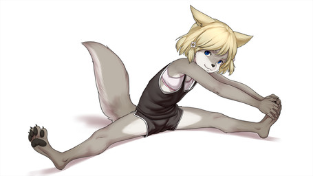 4_toes 5_fingers accessory adolescent adolescent_anthro anthro bangs barefoot black_bottomwear black_claws black_clothing black_nose black_pawpads black_shirt black_shorts black_tank_top black_topwear blonde_eyebrows blonde_hair blue_eyes bottomwear bra claws closed_smile clothed clothed_anthro clothed_female clothing colored_seam_bottomwear colored_seam_clothing colored_seam_underwear countershade_face countershade_fur countershade_legs countershade_tail countershade_torso countershading digitigrade dolphin_shorts eyebrows feet female female_adolescent female_anthro finger_claws fingers flat_chested flexible flower flower_in_hair foot_grab front_view fully_clothed fully_clothed_anthro fully_clothed_female fur grey_body grey_fur grey_tail hair hair_accessory hindpaw hotpants humanoid_hands iris long_tail looking_at_viewer monotone_hair mouth_closed multicolored_body multicolored_fur multicolored_tail pawpads paws pink_seam_underwear plant pose pupils shadow shirt short_hair shorts simple_background sitting slim slim_anthro slim_female smile smiling_at_viewer solo splits sports_bra spread_legs spreading straight_arms straight_legs stretching tail tank_top toe_claws toes topwear two_tone_tail underwear white_background white_body white_bra white_clothing white_countershading white_fur white_sclera white_seam_bottomwear white_seam_clothing white_seam_shirt white_seam_shorts white_seam_tank_top white_tail white_underwear yellow_ears young young_anthro young_female aogami chirmaya eliza_(chirmaya) canid canine canis mammal wolf 16:9 2019 english_description full-length_portrait hi_res portrait widescreen