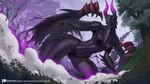 anthro black_body black_scales breasts dust_cloud female forest grass horn looking_at_viewer open_mouth plant purple_eyes scales solo text tree wings alanscampos capcom monster_hunter gore_magala scalie 2022 hi_res url