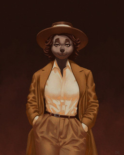 anthro belt bottomwear breasts brimmed_hat brown_bottomwear brown_clothing brown_coat brown_hair brown_pants brown_suit brown_topwear clothing coat female front_view hair hand_in_pocket looking_at_viewer medium_hair pants pockets red_background red_eyes simple_background smile solo standing suit topwear white_dress_shirt guyinvintageclothes canid canine mammal 2023 digital_media_(artwork) hi_res portrait shaded signature three-quarter_portrait