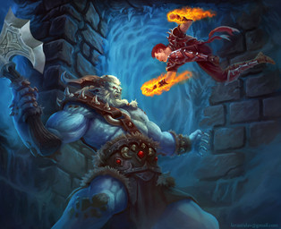 armor axe beard cave duo facial_hair fantasy fight fire flaming_fist gem hair horn ice inside long_hair magic male melee_weapon muscular not_furry ponytail red_hair rock text weapon artdeepmind human humanoid mammal troll_(mythology) 2018 digital_media_(artwork) hi_res url
