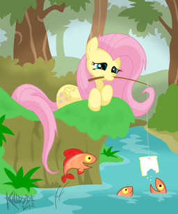 bread cutie_mark detailed_background feathered_wings feathers feeding female feral fishing_rod food forest fur green_eyes hair long_hair lying on_front outside pink_hair plant smile solo tail tree water wings wood yellow_body yellow_feathers yellow_fur killryde friendship_is_magic hasbro my_little_pony mythology fluttershy_(mlp) aquatic equid equine fish mammal mythological_creature mythological_equine pegasus 2012 absurd_res hi_res