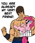 blue_eyes brown_hair duo eyelashes female feral fur hair male open_mouth pink_body pink_fur pink_hair quadruped simple_background size_difference style_crossover tail text white_background unknown_artist fist_of_the_north_star friendship_is_magic hasbro my_little_pony kenshiro pinkie_pie_(mlp) earth_pony equid equine horse human mammal pony aliasing crossover digital_media_(artwork) english_text