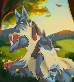 anthro black_body black_fur blue_body blue_fur female frustrated fur group male motion_lines peaceful shaking shaking_another sleep_bubble sleeping sound_effects spikes tail trio vein vowelless vowelless_sound_effect zzz worushi nintendo pokemon canid canine generation_4_pokemon generation_6_pokemon lucario mammal mega_evolution mega_lucario pokemon_(species) riolu digital_media_(artwork) hi_res father_(lore) mother_(lore) parent_(lore) parent_and_child_(lore)