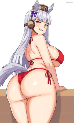 animal_ears big_butt bikini bikini_thong blush breasts butt butt_focus clothed clothed_female clothed_humanoid clothing female glistening glistening_body glistening_breasts glistening_butt glistening_skin glistening_thighs grey_hair grey_tail grin hair head_gear headgear headwear horse_ears legs_together long_hair looking_at_viewer looking_back looking_back_at_viewer nipple_outline pink_eyes rear_view red_bikini red_clothing red_swimwear side-tie_bikini side_boob simple_background smile solo string_bikini swimwear tail text thick_thighs twitter_handle two-piece_swimsuit white_background eclypsea cygames uma_musume_pretty_derby gold_ship_(pretty_derby) animal_humanoid equid equid_humanoid equine equine_humanoid horse horse_humanoid humanoid mammal mammal_humanoid 2025 absurd_res artist_name hi_res portrait three-quarter_portrait