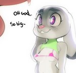2021 anthro balls breasts clothed clothing disney doxy duo english_text erection female fur genitals grey_body grey_fur heart_eyes heart_symbol judy_hopps lagomorph leporid long_ears male male/female mammal penis purple_eyes rabbit simple_background skimpy text topwear white_background zootopia