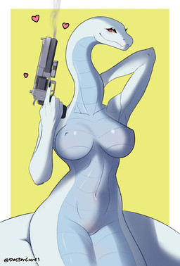 5_fingers abstract_background anthro apode big_breasts breasts claws eyelashes featureless_breasts female finger_claws fingers front_view glistening glistening_body glistening_breasts grey_body grey_scales gun gun_smoke heart_symbol holding_object holding_weapon legless long_neck looking_at_viewer multicolored_body multicolored_scales navel nipple_outline non-mammal_breasts nude nude_female pose ranged_weapon red_eyes scales serpentine simple_background smile smoke solo text two_tone_body two_tone_scales weapon white_body white_scales yellow_background doctorcure seki_(espectro111222) draconcopode naga reptile scalie snake 2025 absurd_res artist_name colored digital_drawing_(artwork) digital_media_(artwork) hi_res pinup portrait shaded