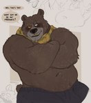 anthro anthrofied belly blind_eye blush brown_body brown_fur bulge crossed_arms fur grin male mature_male musclegut muscular navel nipples pecs scar shirtless smile solo tail text xeoniios dreamworks puss_in_boots_(dreamworks) papa_bear_(puss_in_boots) bear mammal 2023 absurd_res english_text hi_res