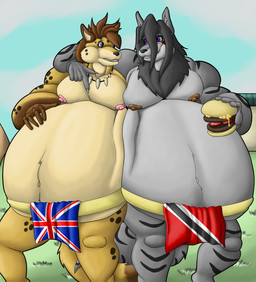 anthro asian_clothing backyard belly burger clothing duo east_asian_clothing england flag food japanese_clothing male mawashi moobs muscular nipples obese overweight pecs sumo trinidadian_flag union_jack wolfgerlion64 james_williams wolfger canid canine hybrid hyena mammal spotted_hyena hi_res