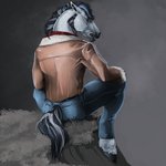 anthro bottomwear clothed clothing ear_piercing facial_hair fully_clothed industrial_piercing jacket male pants piercing sitting solo topwear venlightchaser marcas_macmanus ardennes_draft_horse draft_horse equid equine horse mammal 1:1 hi_res